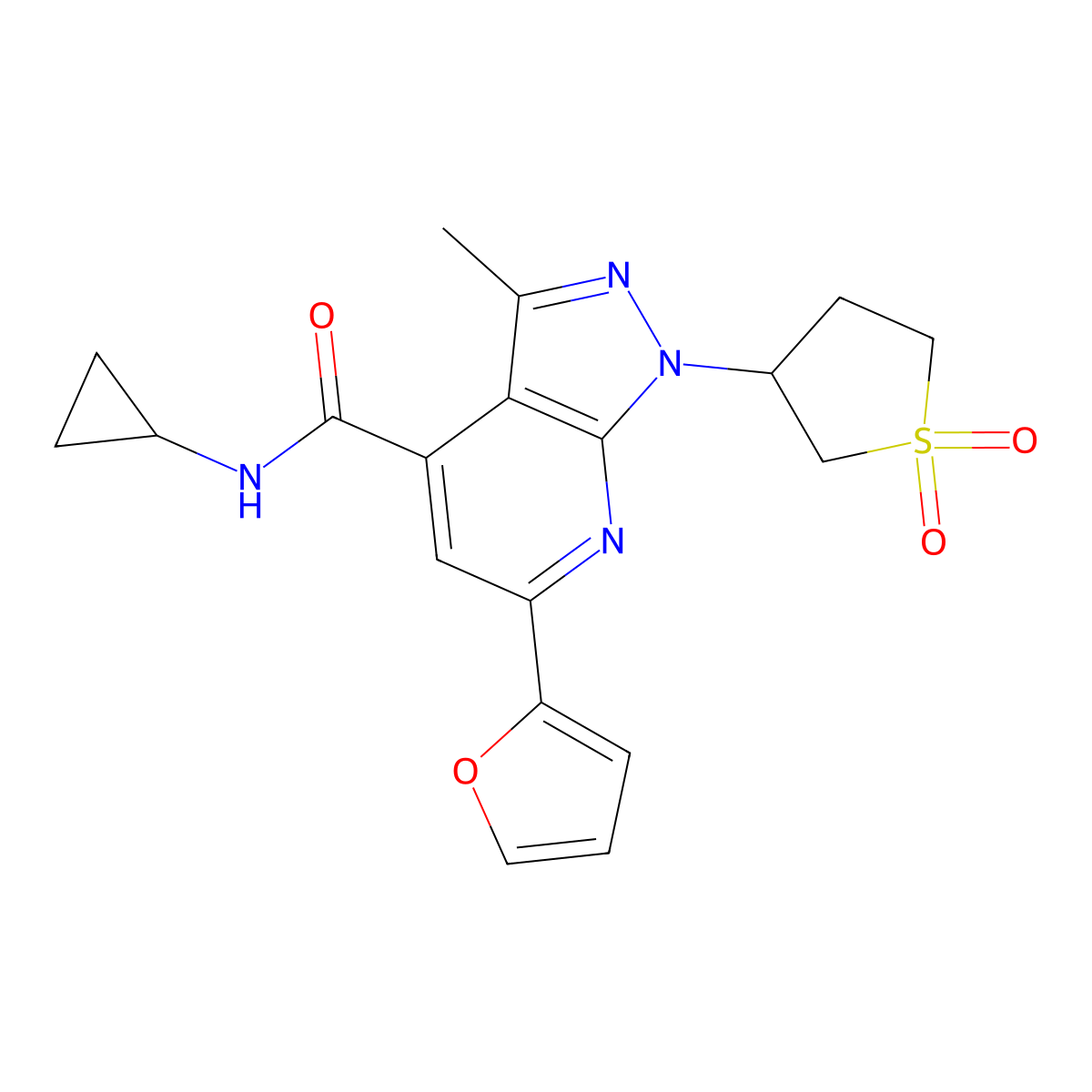 N-cyclopropyl-1-(1,1-dioxidotetrahydrothiophen-3-yl)-6-(furan-2-yl)-3-methyl-1H-pyrazolo[3,4-b]pyridine-4-carboxamide molecular structure, CAS 1021215-80-4