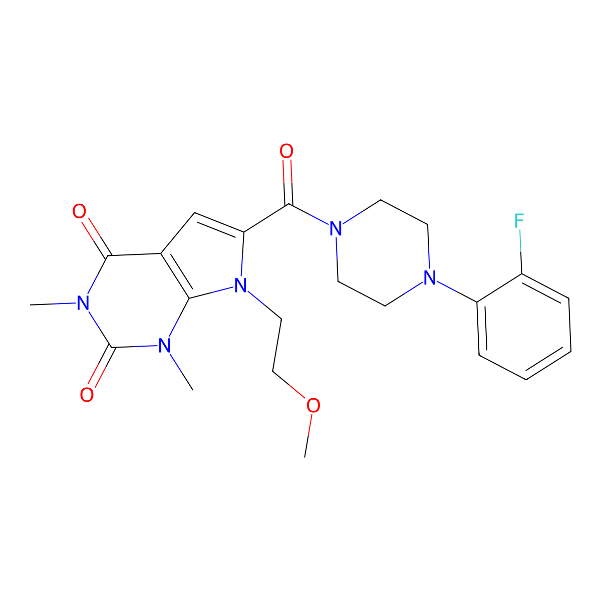 6-(4-(2-fluorophenyl)piperazine-1-carbonyl)-7-(2-methoxyethyl)-1,3-dimethyl-1H-pyrrolo[2,3-d]pyrimidine-2,4(3H,7H)-dione molecular structure, CAS 1021215-82-6