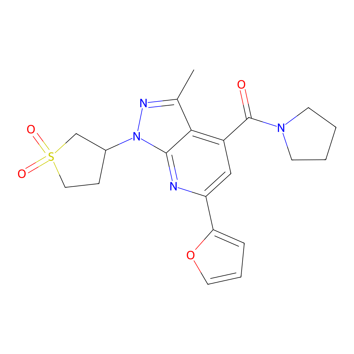 (1-(1,1-dioxidotetrahydrothiophen-3-yl)-6-(furan-2-yl)-3-methyl-1H-pyrazolo[3,4-b]pyridin-4-yl)(pyrrolidin-1-yl)methanone molecular structure, CAS 1021215-83-7