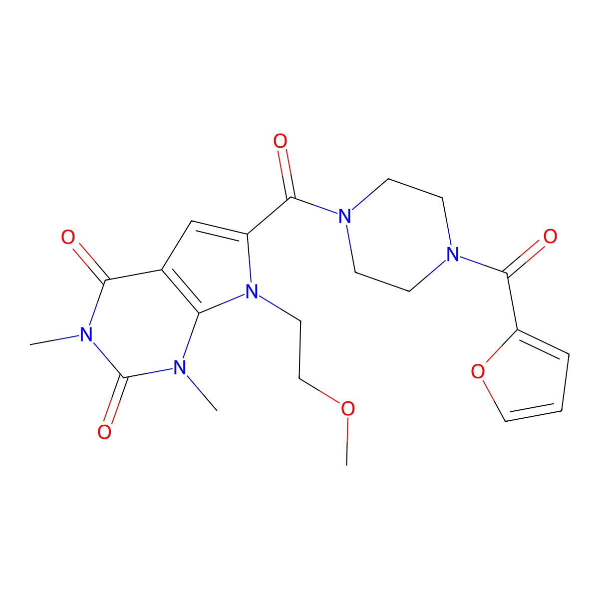 6-(4-(furan-2-carbonyl)piperazine-1-carbonyl)-7-(2-methoxyethyl)-1,3-dimethyl-1H-pyrrolo[2,3-d]pyrimidine-2,4(3H,7H)-dione molecular structure, CAS 1021215-85-9