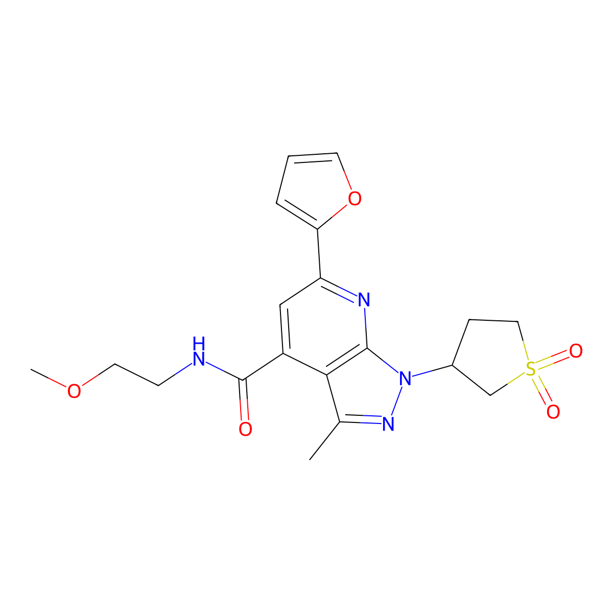 1-(1,1-dioxidotetrahydrothiophen-3-yl)-6-(furan-2-yl)-N-(2-methoxyethyl)-3-methyl-1H-pyrazolo[3,4-b]pyridine-4-carboxamide molecular structure, CAS 1021215-86-0