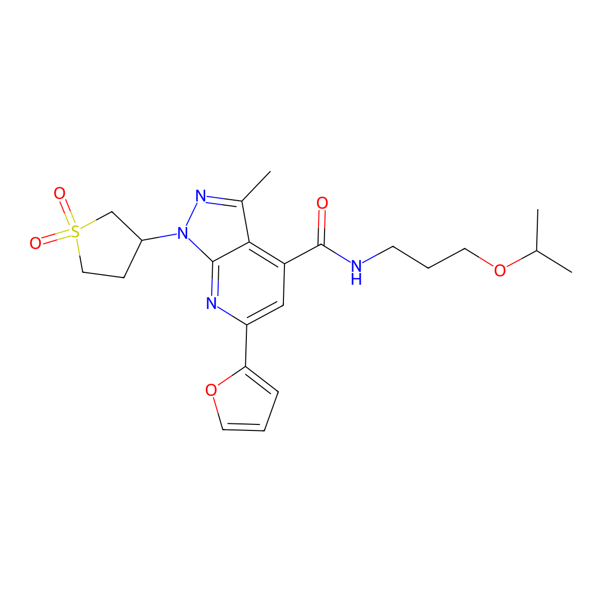 1-(1,1-dioxidotetrahydrothiophen-3-yl)-6-(furan-2-yl)-N-(3-isopropoxypropyl)-3-methyl-1H-pyrazolo[3,4-b]pyridine-4-carboxamide molecular structure, CAS 1021215-89-3