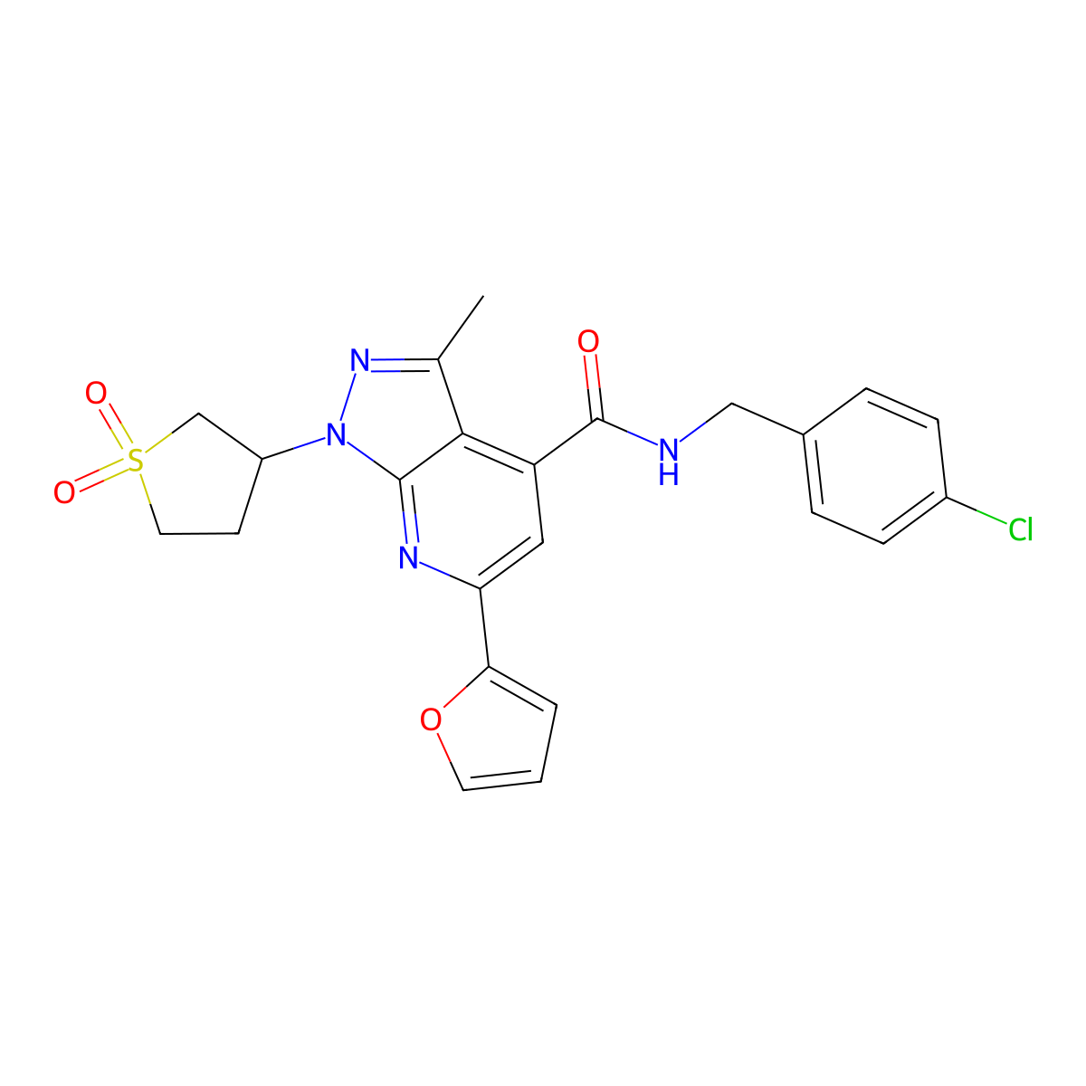 N-(4-chlorobenzyl)-1-(1,1-dioxidotetrahydrothiophen-3-yl)-6-(furan-2-yl)-3-methyl-1H-pyrazolo[3,4-b]pyridine-4-carboxamide molecular structure, CAS 1021215-92-8