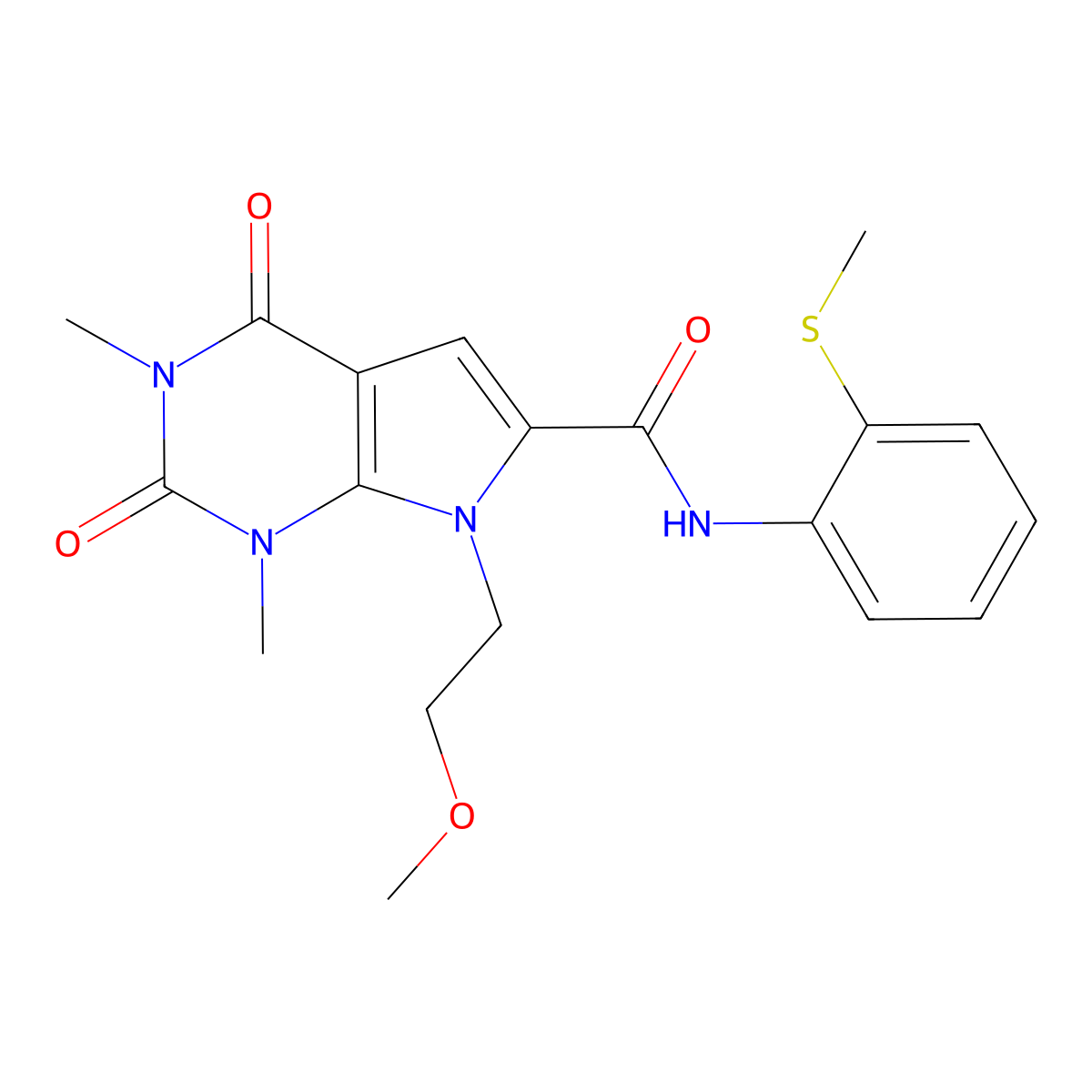 7-(2-methoxyethyl)-1,3-dimethyl-N-(2-(methylthio)phenyl)-2,4-dioxo-2,3,4,7-tetrahydro-1H-pyrrolo[2,3-d]pyrimidine-6-carboxamide molecular structure, CAS 1021215-94-0