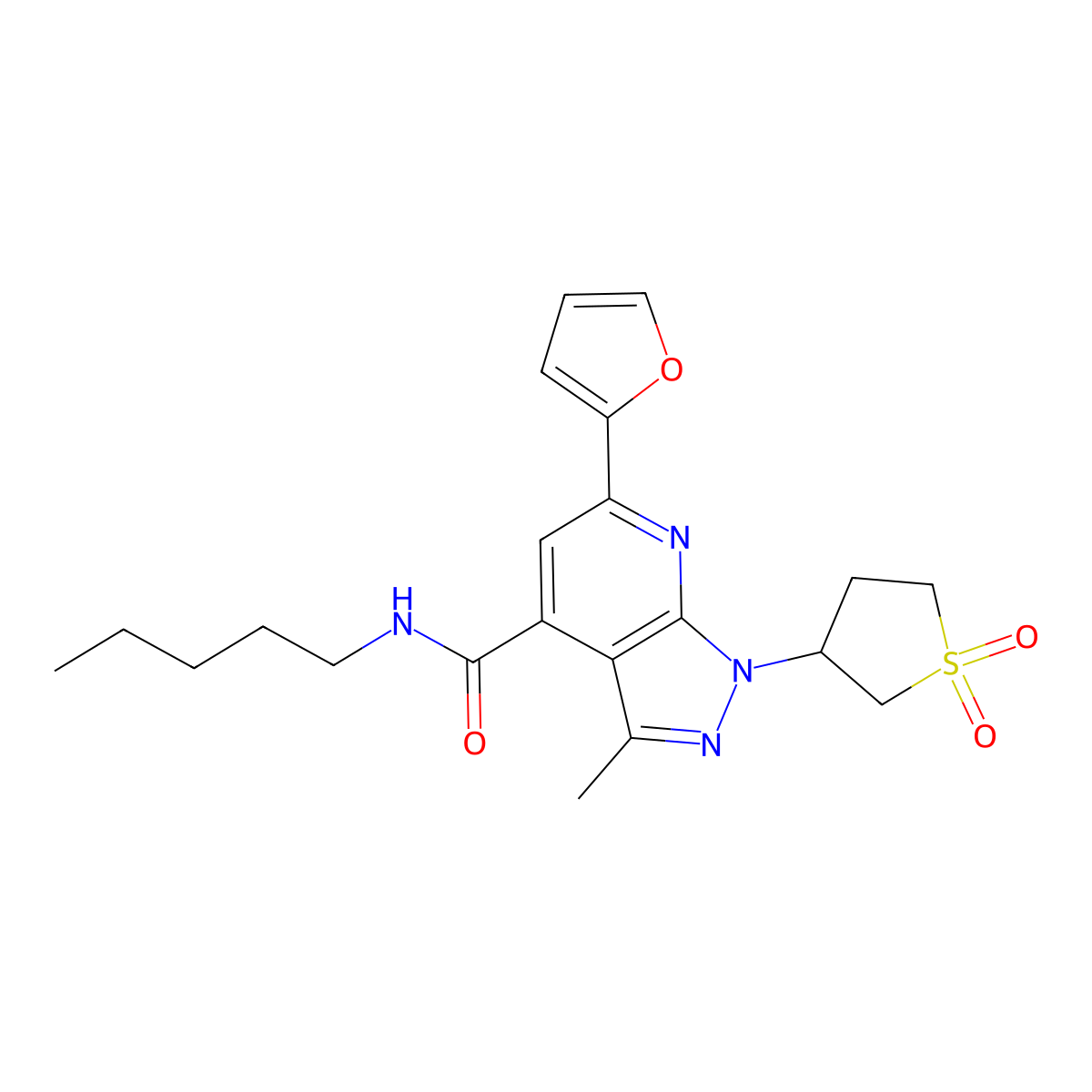 1-(1,1-dioxidotetrahydrothiophen-3-yl)-6-(furan-2-yl)-3-methyl-N-pentyl-1H-pyrazolo[3,4-b]pyridine-4-carboxamide molecular structure, CAS 1021215-95-1
