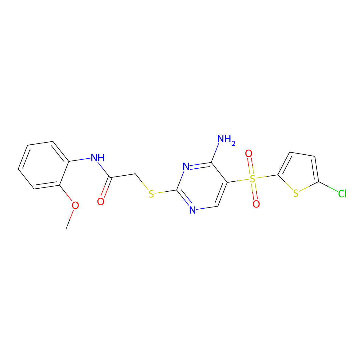 2-({4-amino-5-[(5-chlorothiophen-2-yl)sulfonyl]pyrimidin-2-yl}sulfanyl)-N-(2-methoxyphenyl)acetamide molecular structure, CAS 1021215-96-2