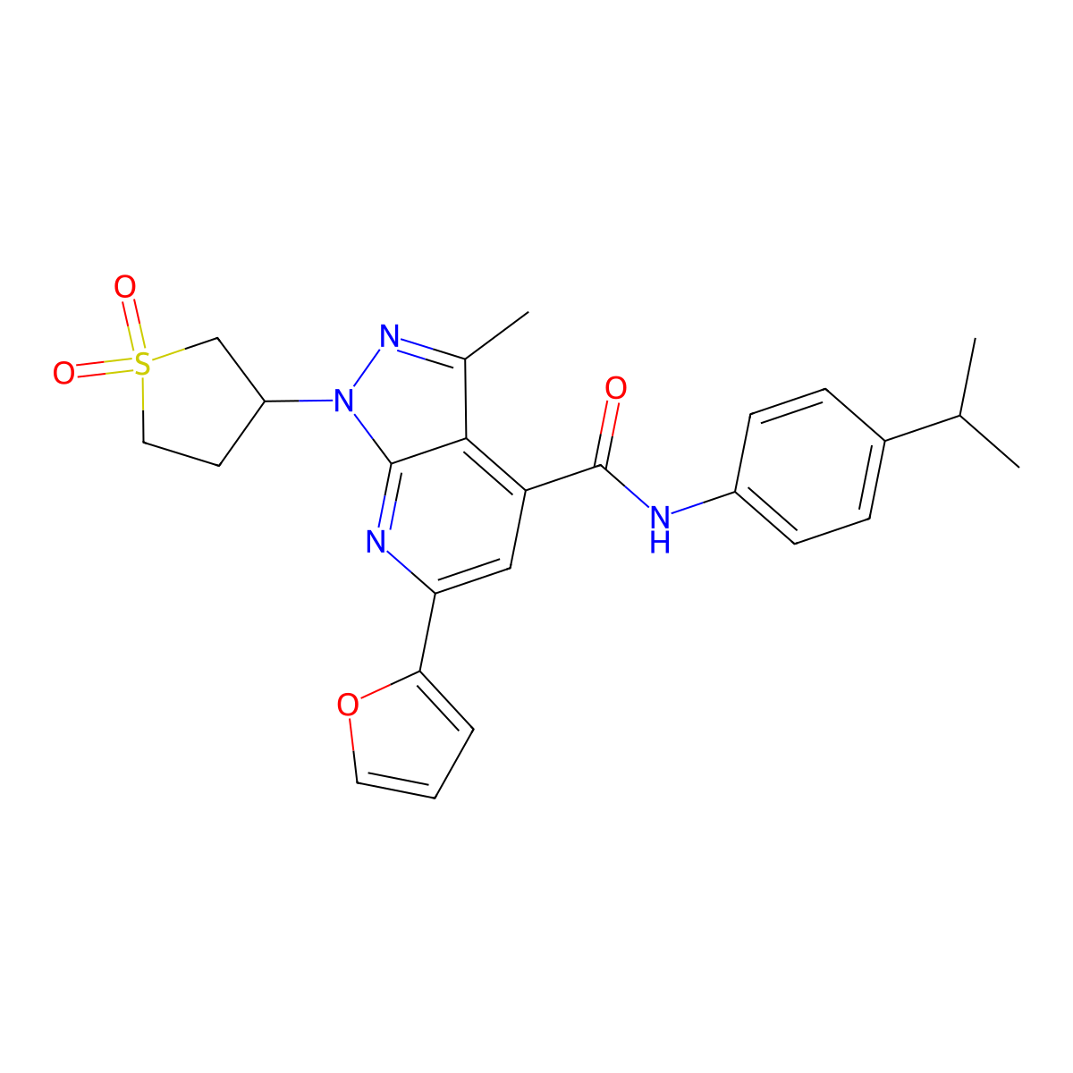 1-(1,1-dioxidotetrahydrothiophen-3-yl)-6-(furan-2-yl)-N-(4-isopropylphenyl)-3-methyl-1H-pyrazolo[3,4-b]pyridine-4-carboxamide molecular structure, CAS 1021215-98-4