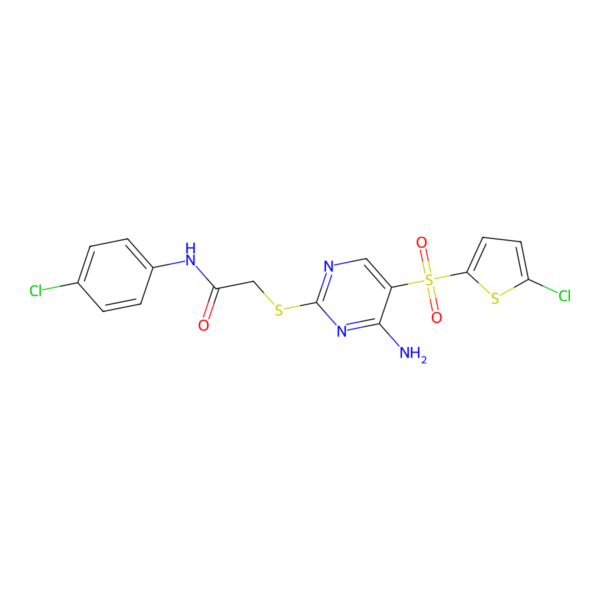 2-({4-amino-5-[(5-chlorothiophen-2-yl)sulfonyl]pyrimidin-2-yl}sulfanyl)-N-(4-chlorophenyl)acetamide molecular structure, CAS 1021215-99-5