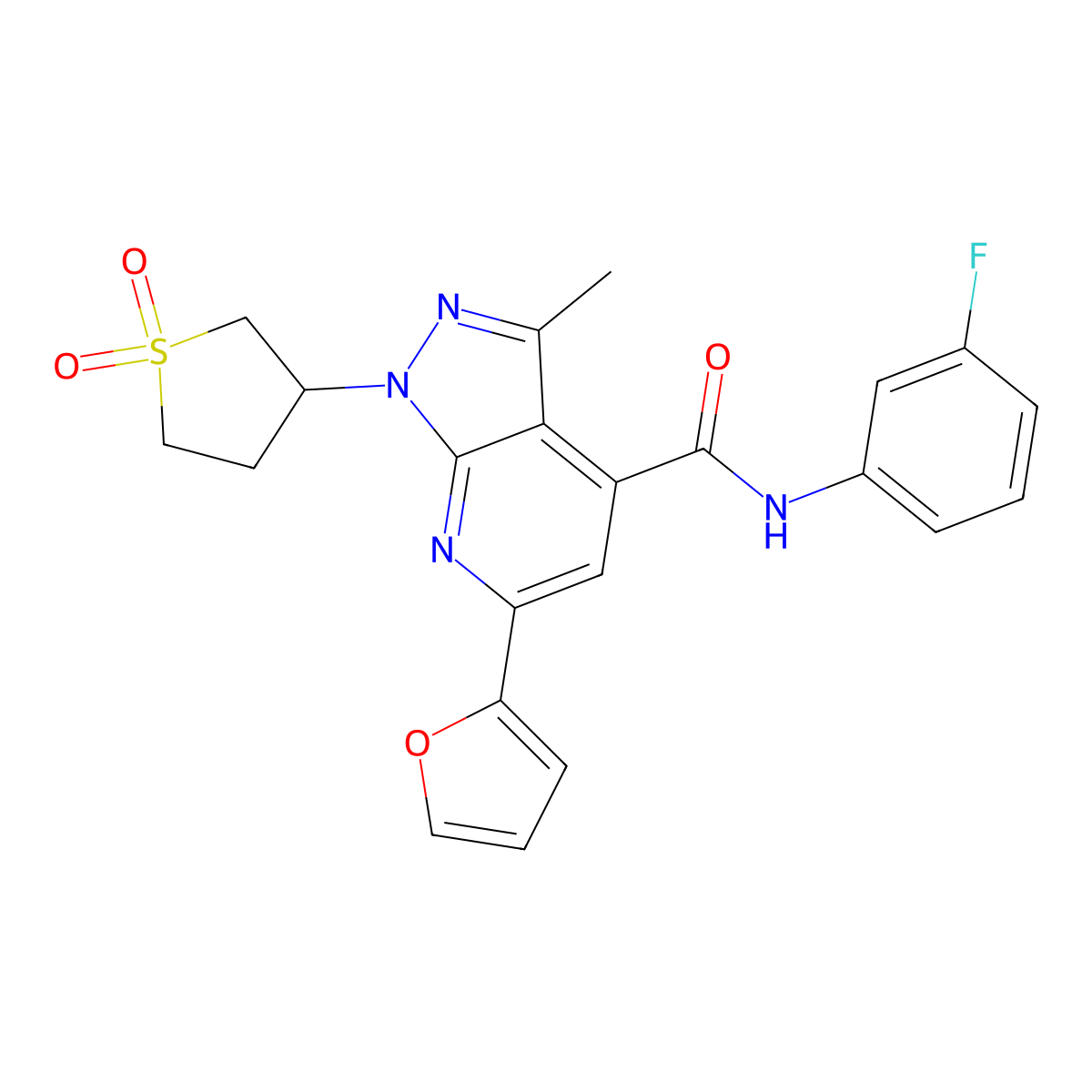 1-(1,1-dioxidotetrahydrothiophen-3-yl)-N-(3-fluorophenyl)-6-(furan-2-yl)-3-methyl-1H-pyrazolo[3,4-b]pyridine-4-carboxamide molecular structure, CAS 1021216-01-2