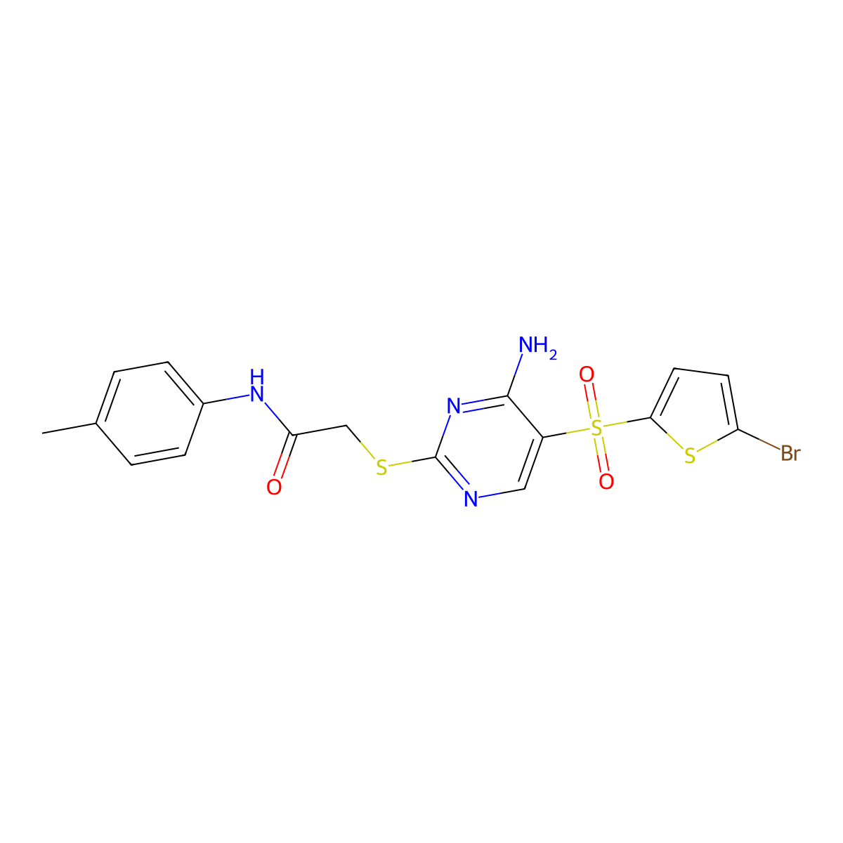 2-({4-amino-5-[(5-bromothiophen-2-yl)sulfonyl]pyrimidin-2-yl}sulfanyl)-N-(4-methylphenyl)acetamide molecular structure, CAS 1021216-02-3
