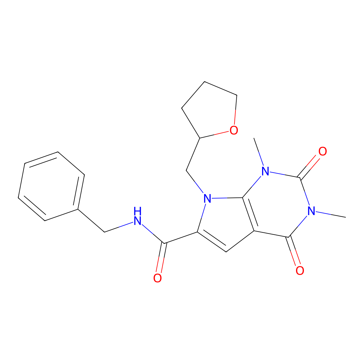 N-benzyl-1,3-dimethyl-2,4-dioxo-7-((tetrahydrofuran-2-yl)methyl)-2,3,4,7-tetrahydro-1H-pyrrolo[2,3-d]pyrimidine-6-carboxamide molecular structure, CAS 1021216-03-4