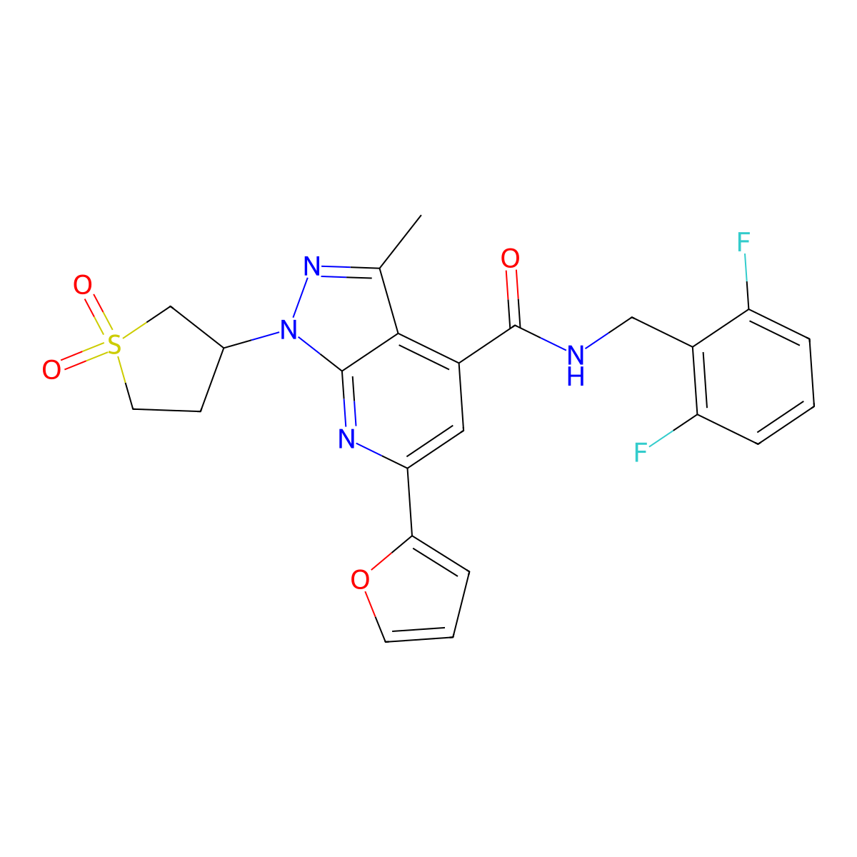 N-(2,6-difluorobenzyl)-1-(1,1-dioxidotetrahydrothiophen-3-yl)-6-(furan-2-yl)-3-methyl-1H-pyrazolo[3,4-b]pyridine-4-carboxamide molecular structure, CAS 1021216-04-5