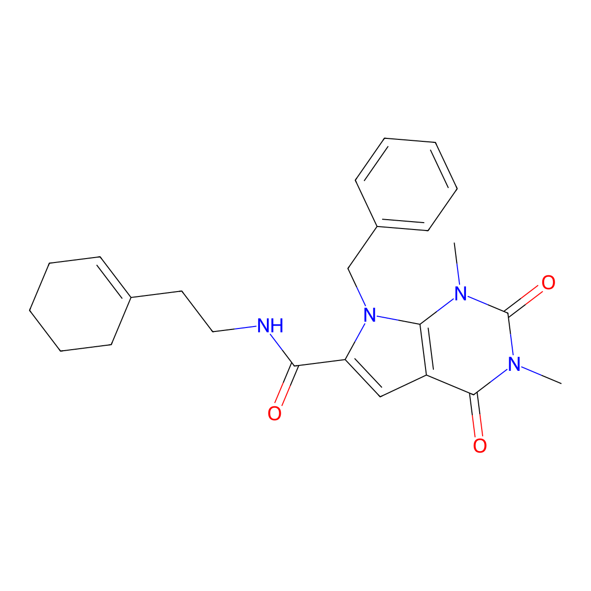 7-benzyl-N-(2-(cyclohex-1-en-1-yl)ethyl)-1,3-dimethyl-2,4-dioxo-2,3,4,7-tetrahydro-1H-pyrrolo[2,3-d]pyrimidine-6-carboxamide molecular structure, CAS 1021216-09-0