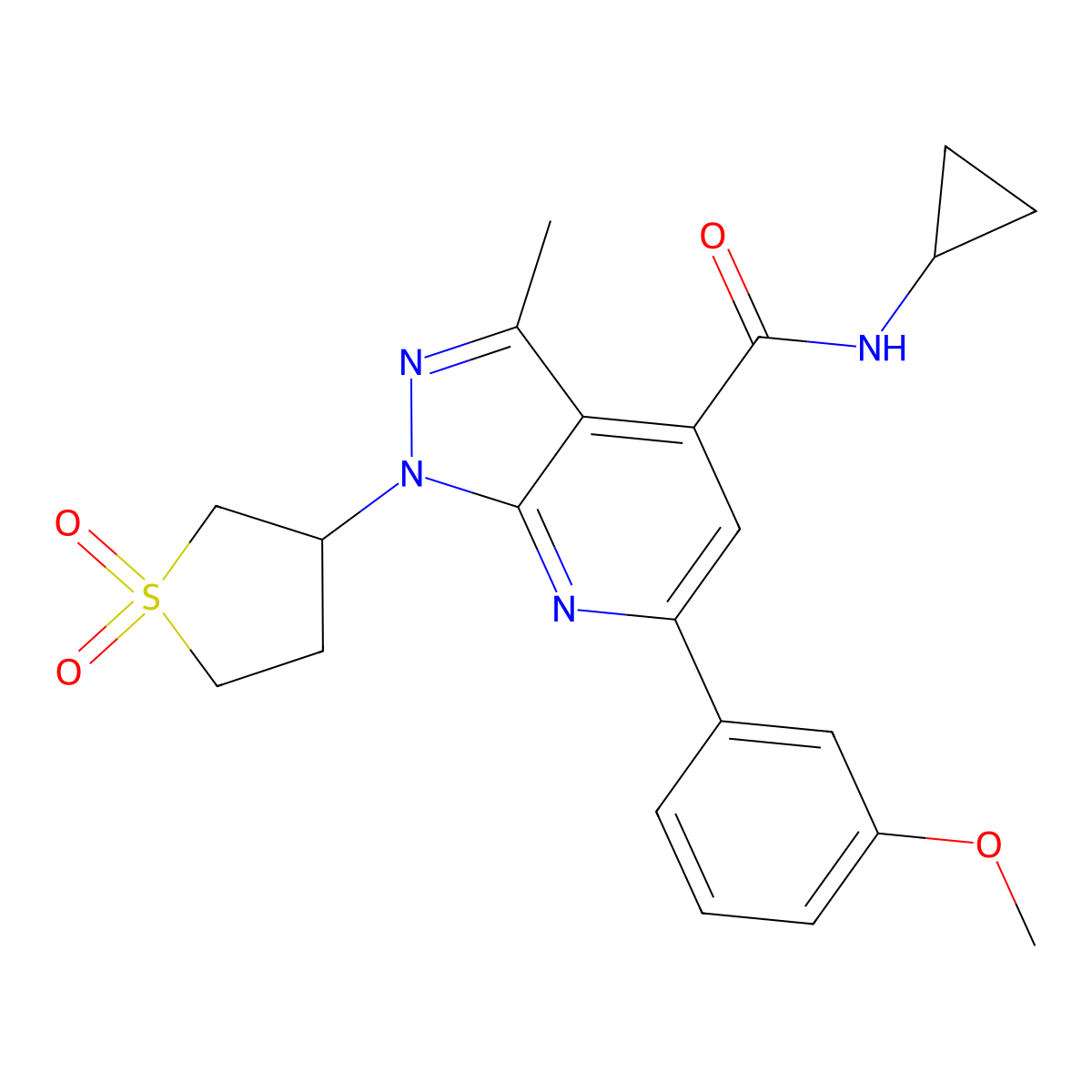 N-cyclopropyl-1-(1,1-dioxidotetrahydrothiophen-3-yl)-6-(3-methoxyphenyl)-3-methyl-1H-pyrazolo[3,4-b]pyridine-4-carboxamide molecular structure, CAS 1021216-10-3