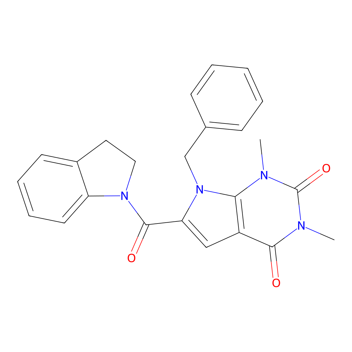 7-benzyl-6-(indoline-1-carbonyl)-1,3-dimethyl-1H-pyrrolo[2,3-d]pyrimidine-2,4(3H,7H)-dione molecular structure, CAS 1021216-27-2