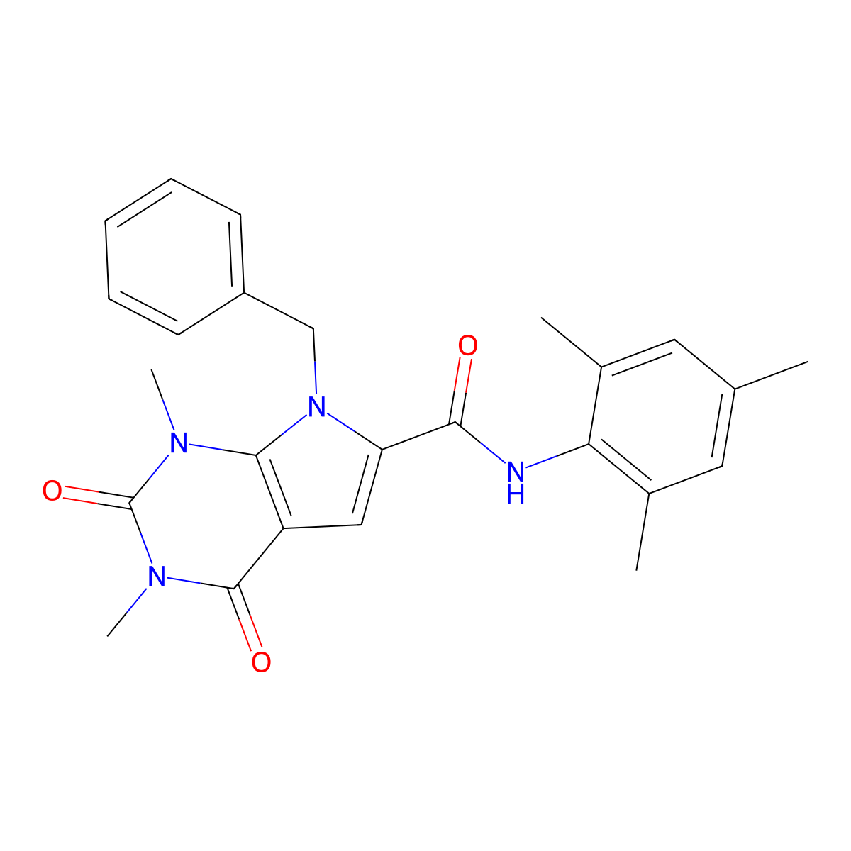 7-benzyl-N-mesityl-1,3-dimethyl-2,4-dioxo-2,3,4,7-tetrahydro-1H-pyrrolo[2,3-d]pyrimidine-6-carboxamide molecular structure, CAS 1021216-33-0