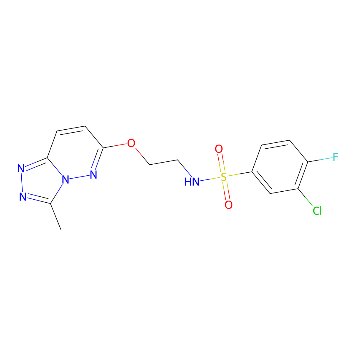 3-chloro-4-fluoro-N-(2-((3-methyl-[1,2,4]triazolo[4,3-b]pyridazin-6-yl)oxy)ethyl)benzenesulfonamide molecular structure, CAS 1021216-50-1