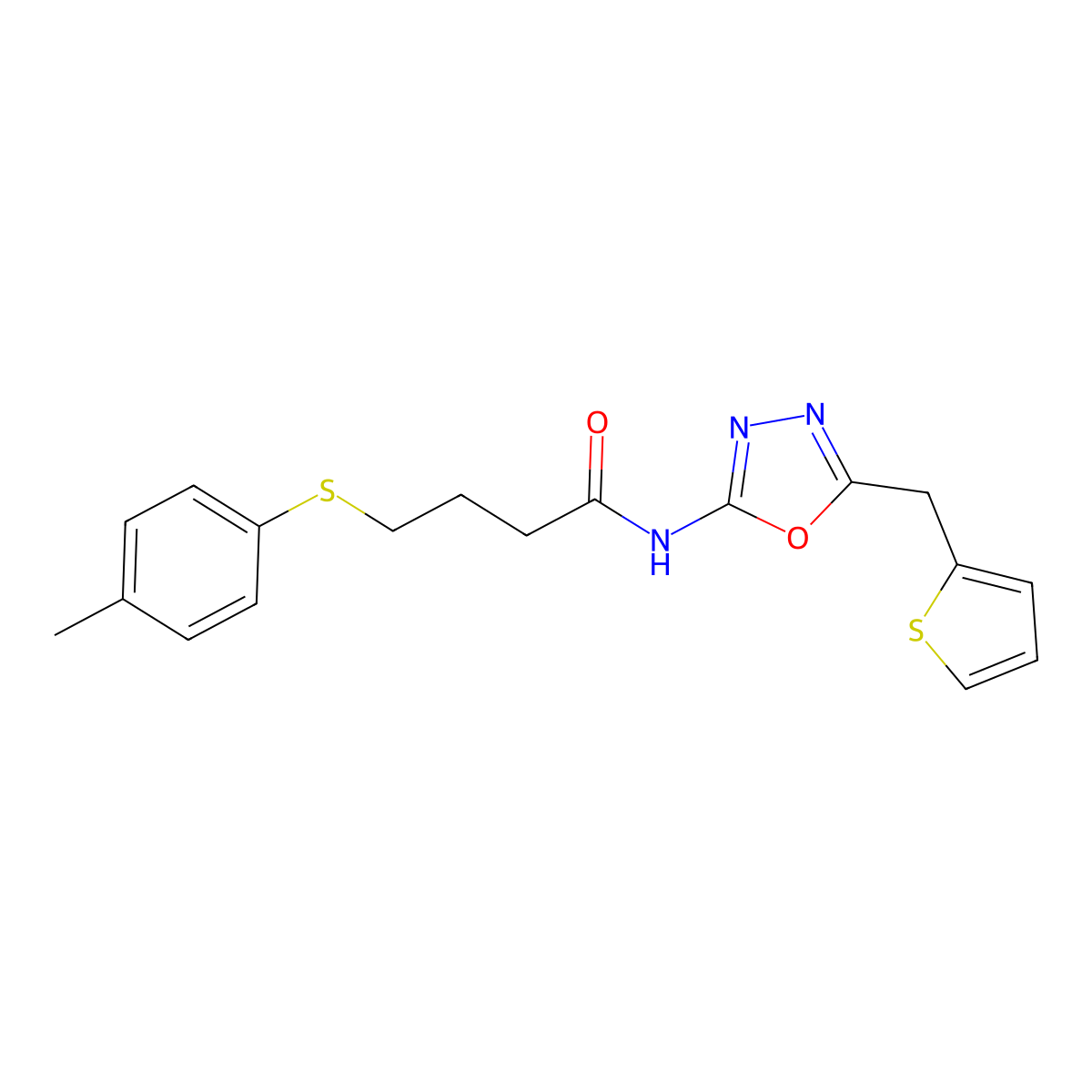 4-[(4-methylphenyl)sulfanyl]-N-{5-[(thiophen-2-yl)methyl]-1,3,4-oxadiazol-2-yl}butanamide molecular structure, CAS 1021216-51-2