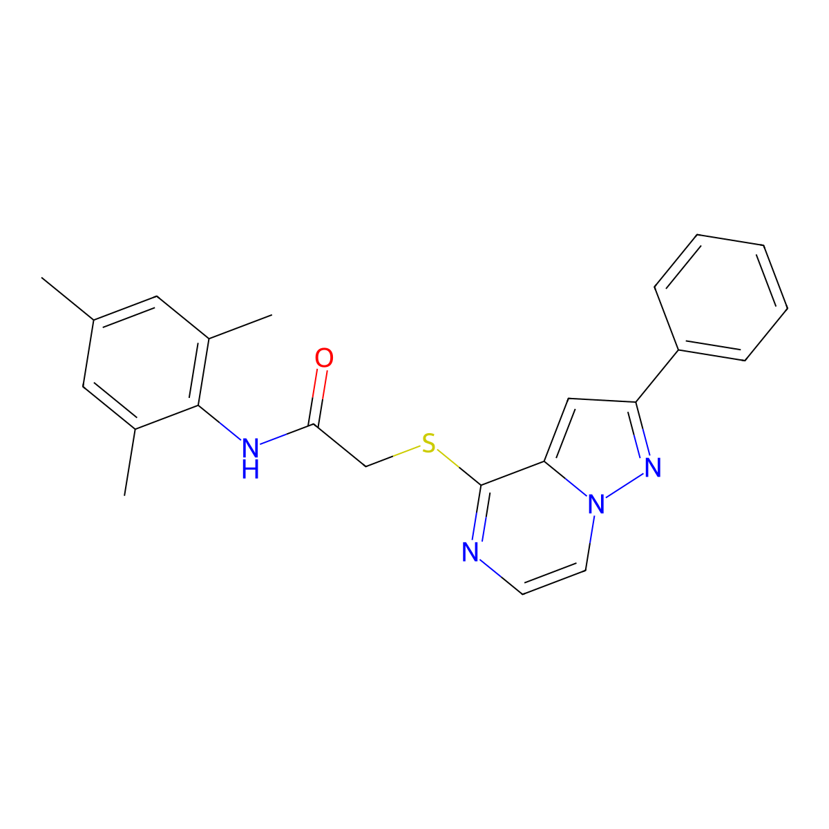 2-({2-Phenylpyrazolo[1,5-A]pyrazin-4-YL}sulfanyl)-N-(2,4,6-trimethylphenyl)acetamide molecular structure, CAS 1021216-56-7