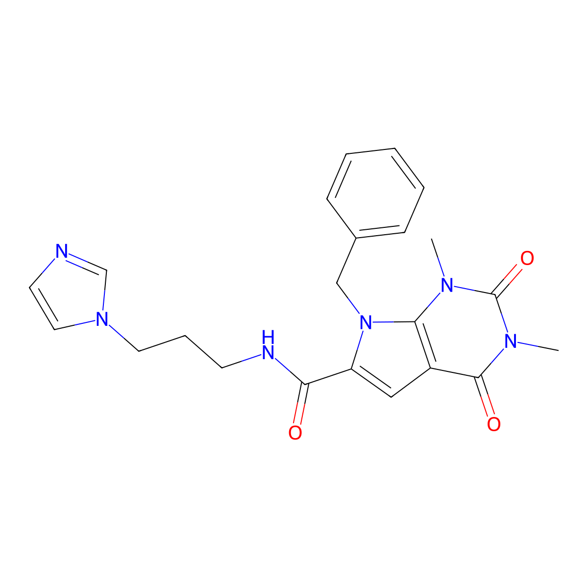 7-benzyl-N-[3-(1H-imidazol-1-yl)propyl]-1,3-dimethyl-2,4-dioxo-2,3,4,7-tetrahydro-1H-pyrrolo[2,3-d]pyrimidine-6-carboxamide molecular structure, CAS 1021216-58-9