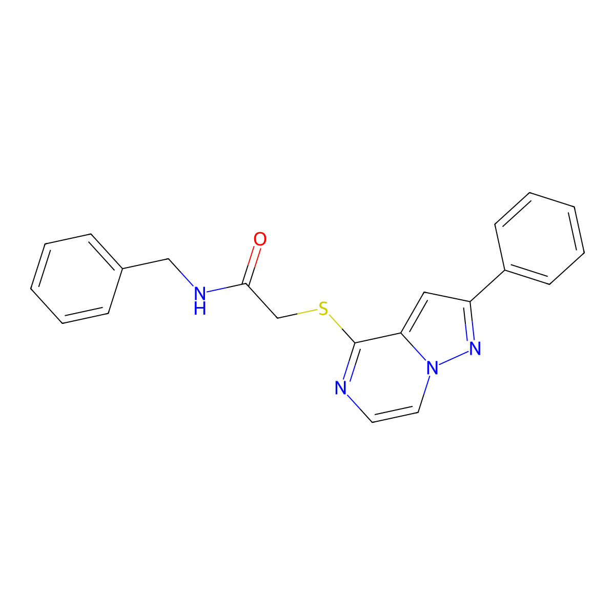 N-benzyl-2-[(2-phenylpyrazolo[1,5-a]pyrazin-4-yl)thio]acetamide molecular structure, CAS 1021216-60-3