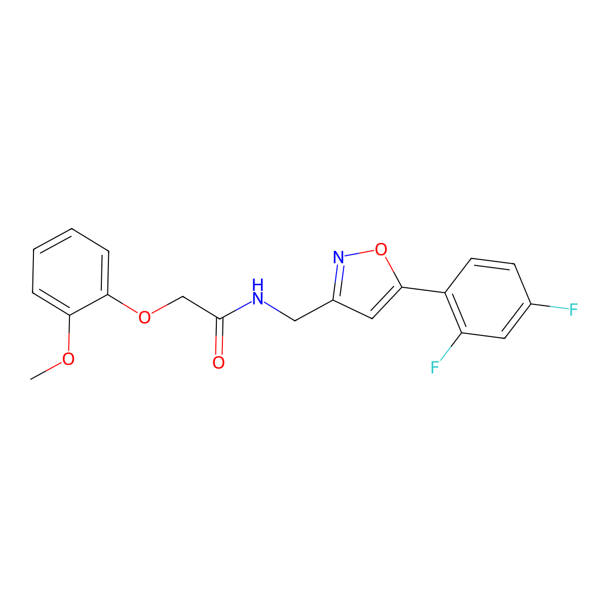 N-{[5-(2,4-difluorophenyl)-1,2-oxazol-3-yl]methyl}-2-(2-methoxyphenoxy)acetamide molecular structure, CAS 1021216-65-8