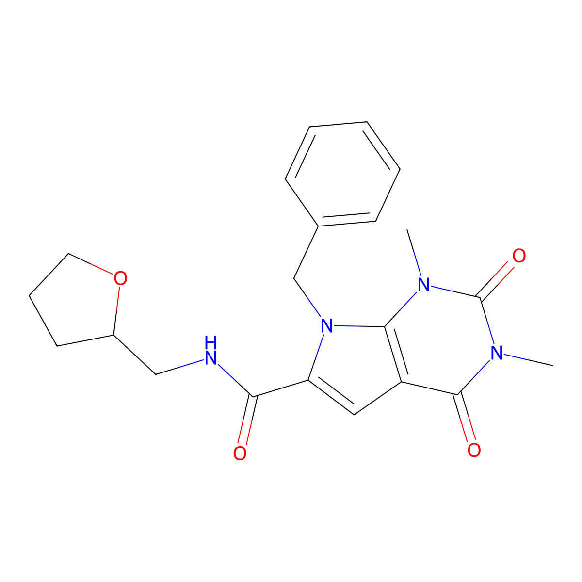 7-benzyl-1,3-dimethyl-2,4-dioxo-N-(tetrahydrofuran-2-ylmethyl)-2,3,4,7-tetrahydro-1H-pyrrolo[2,3-d]pyrimidine-6-carboxamide molecular structure, CAS 1021216-74-9