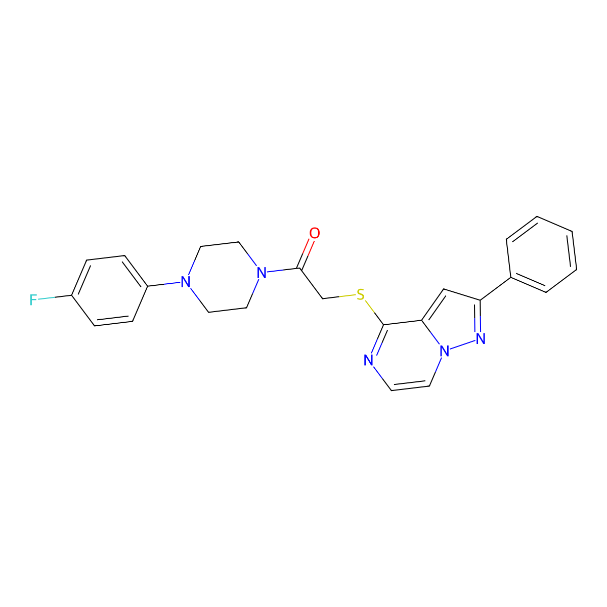 4-({2-[4-(4-Fluorophenyl)piperazin-1-yl]-2-oxoethyl}thio)-2-phenylpyrazolo[1,5-a]pyrazine molecular structure, CAS 1021216-76-1