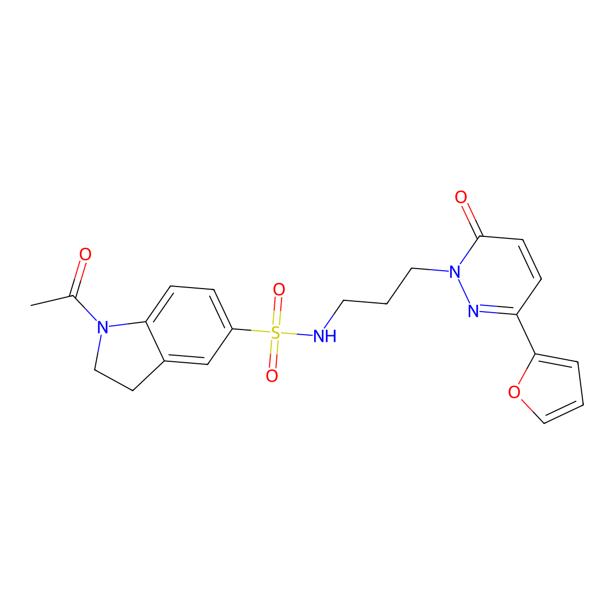 1-acetyl-N-{3-[3-(furan-2-yl)-6-oxo-1,6-dihydropyridazin-1-yl]propyl}-2,3-dihydro-1H-indole-5-sulfonamide molecular structure, CAS 1021216-97-6
