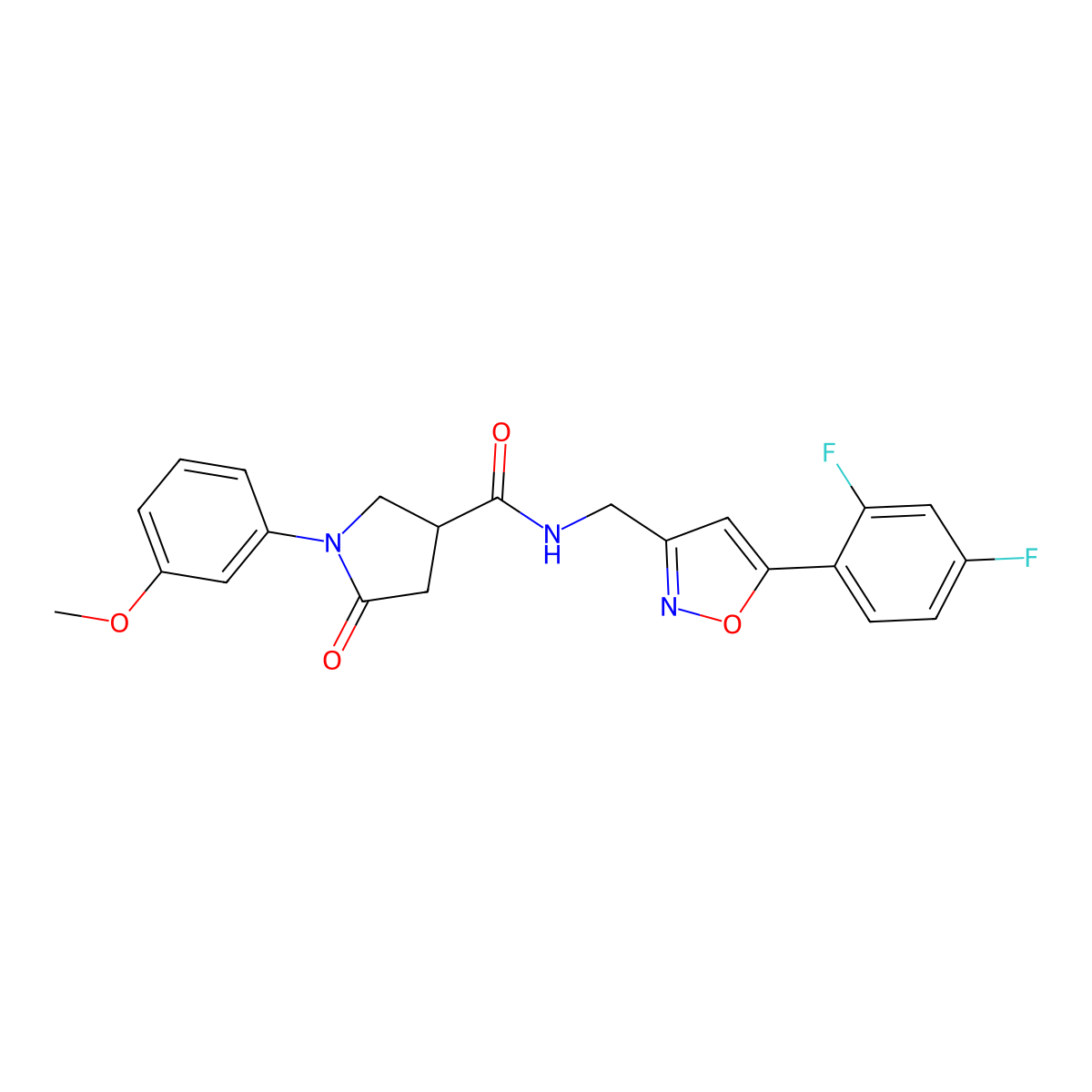 N-((5-(2,4-difluorophenyl)isoxazol-3-yl)methyl)-1-(3-methoxyphenyl)-5-oxopyrrolidine-3-carboxamide molecular structure, CAS 1021217-09-3