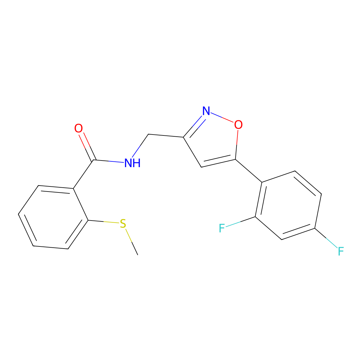 N-{[5-(2,4-difluorophenyl)-1,2-oxazol-3-yl]methyl}-2-(methylsulfanyl)benzamide molecular structure, CAS 1021217-14-0