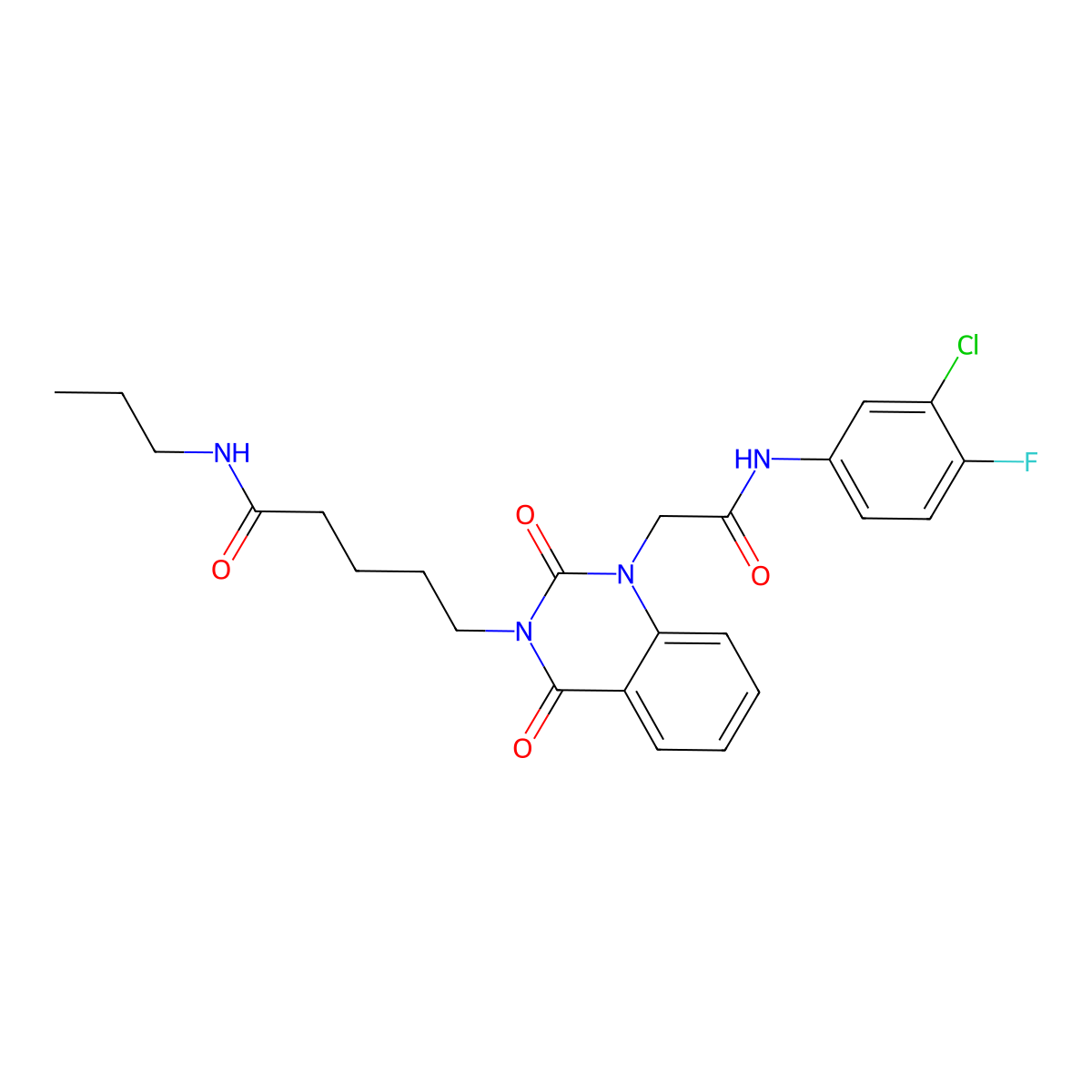 5-(1-{[(3-chloro-4-fluorophenyl)carbamoyl]methyl}-2,4-dioxo-1,2,3,4-tetrahydroquinazolin-3-yl)-N-propylpentanamide molecular structure, CAS 1021217-31-1