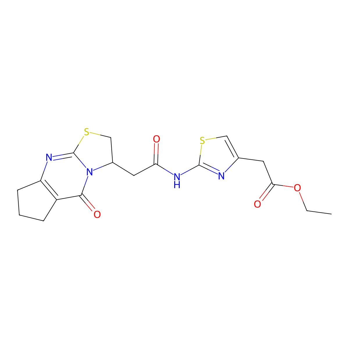 Ethyl 2-(2-(2-(5-oxo-2,3,5,6,7,8-hexahydrocyclopenta[d]thiazolo[3,2-a]pyrimidin-3-yl)acetamido)thiazol-4-yl)acetate molecular structure, CAS 1021217-41-3