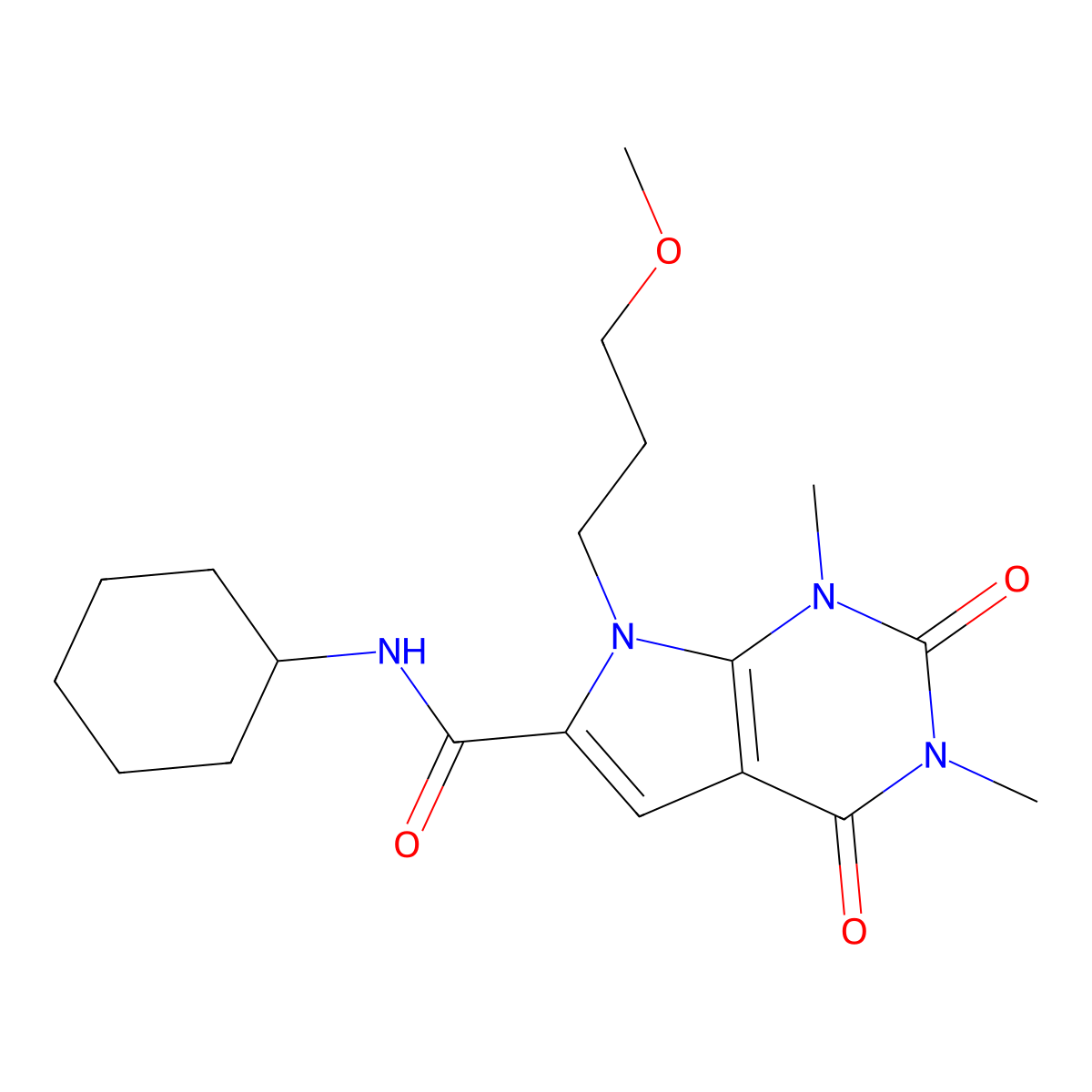 N-cyclohexyl-7-(3-methoxypropyl)-1,3-dimethyl-2,4-dioxo-1H,2H,3H,4H,7H-pyrrolo[2,3-d]pyrimidine-6-carboxamide molecular structure, CAS 1021217-63-9