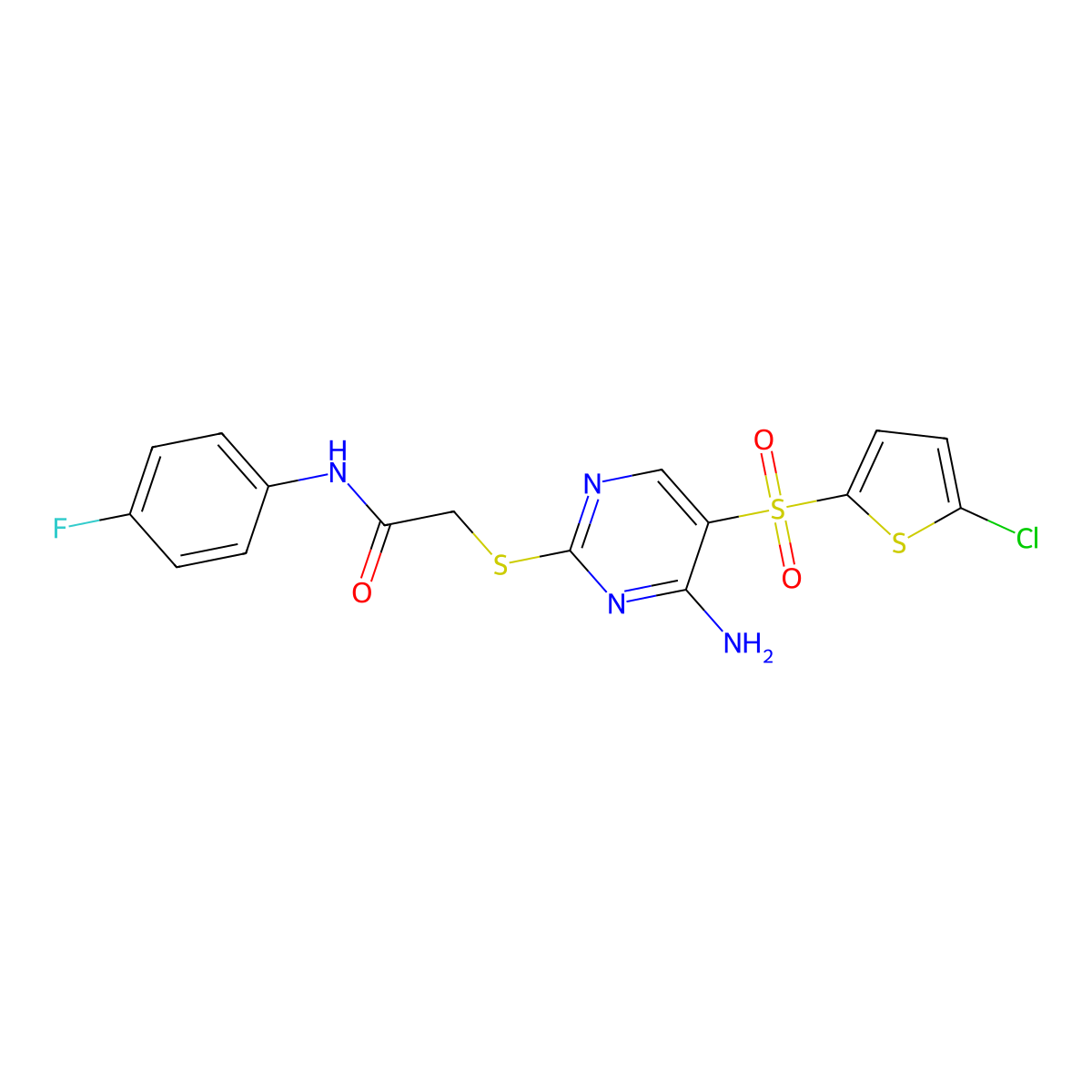 2-({4-amino-5-[(5-chlorothiophen-2-yl)sulfonyl]pyrimidin-2-yl}sulfanyl)-N-(4-fluorophenyl)acetamide molecular structure, CAS 1021217-69-5