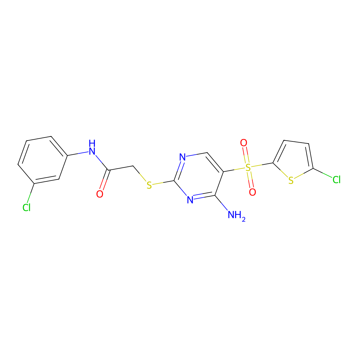 2-({4-amino-5-[(5-chlorothiophen-2-yl)sulfonyl]pyrimidin-2-yl}sulfanyl)-N-(3-chlorophenyl)acetamide molecular structure, CAS 1021217-70-8