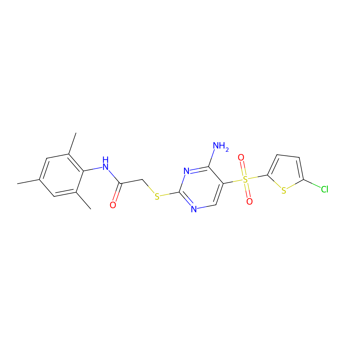 2-({4-amino-5-[(5-chlorothiophen-2-yl)sulfonyl]pyrimidin-2-yl}sulfanyl)-N-(2,4,6-trimethylphenyl)acetamide molecular structure, CAS 1021217-77-5