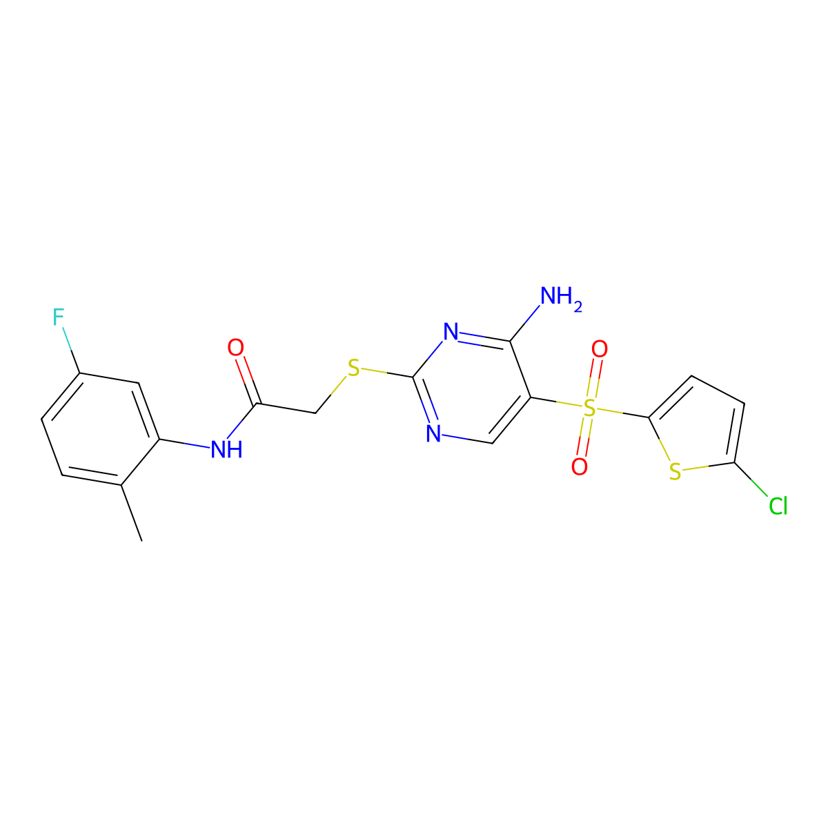 2-({4-amino-5-[(5-chlorothiophen-2-yl)sulfonyl]pyrimidin-2-yl}sulfanyl)-N-(5-fluoro-2-methylphenyl)acetamide molecular structure, CAS 1021217-79-7