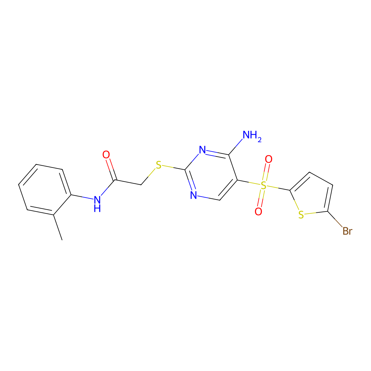 2-({4-amino-5-[(5-bromothiophen-2-yl)sulfonyl]pyrimidin-2-yl}sulfanyl)-N-(2-methylphenyl)acetamide molecular structure, CAS 1021217-80-0
