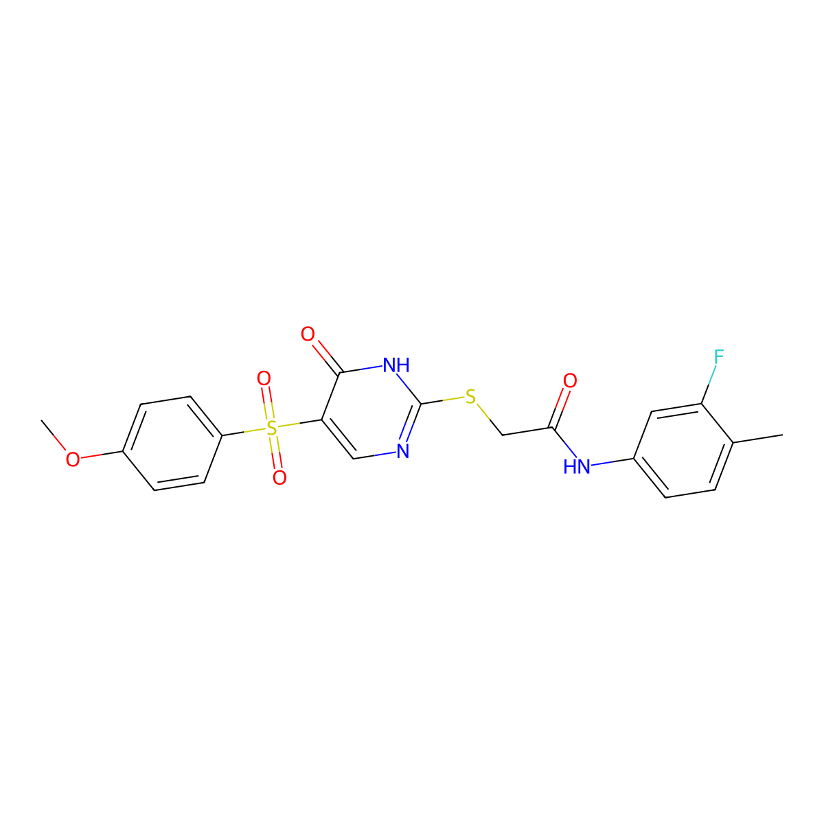 N-(3-fluoro-4-methylphenyl)-2-{[5-(4-methoxybenzenesulfonyl)-6-oxo-1,6-dihydropyrimidin-2-yl]sulfanyl}acetamide molecular structure, CAS 1021217-90-2