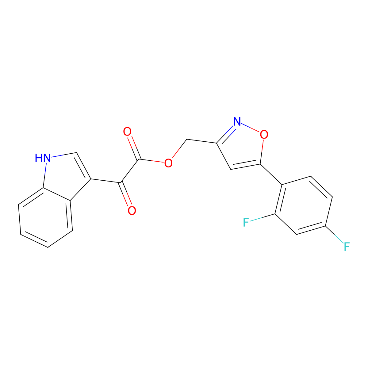 (5-(2,4-difluorophenyl)isoxazol-3-yl)methyl 2-(1H-indol-3-yl)-2-oxoacetate molecular structure, CAS 1021217-97-9