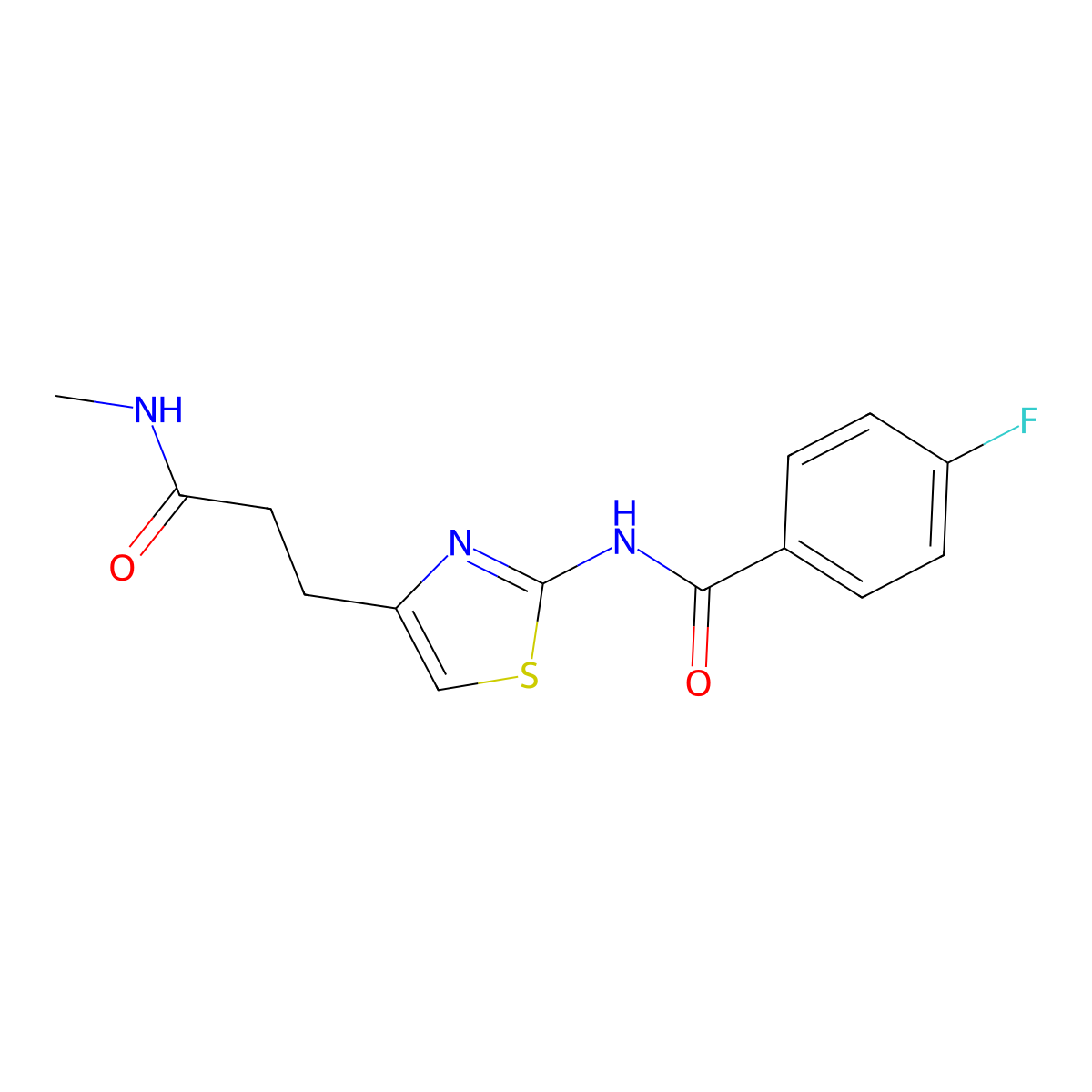 4-fluoro-N-(4-(3-(methylamino)-3-oxopropyl)thiazol-2-yl)benzamide molecular structure, CAS 1021218-59-6