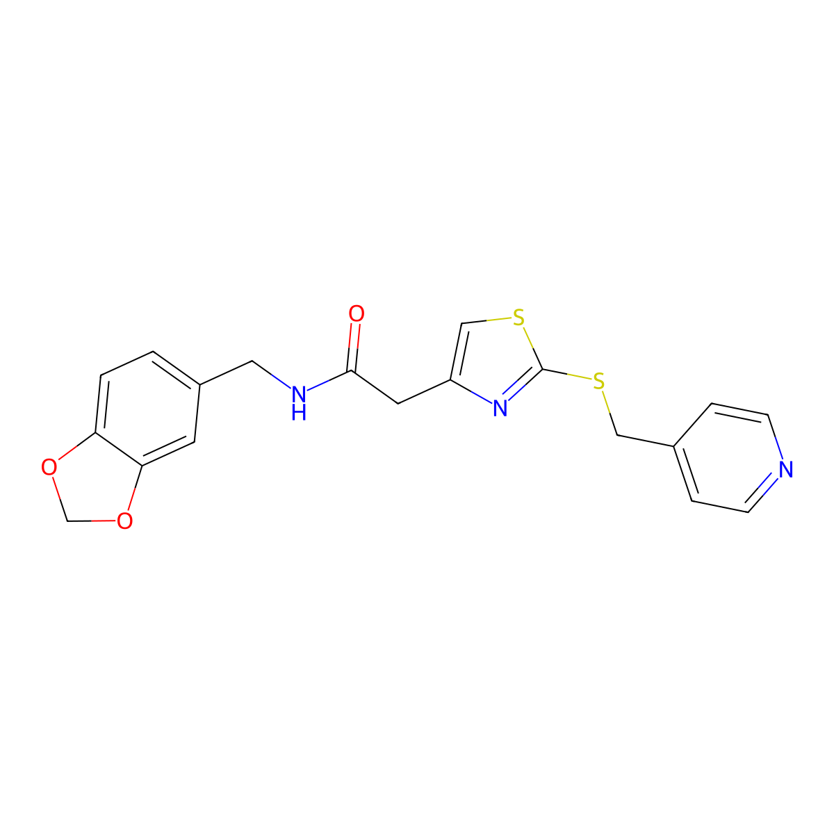 N-(benzo[d][1,3]dioxol-5-ylmethyl)-2-(2-((pyridin-4-ylmethyl)thio)thiazol-4-yl)acetamide molecular structure, CAS 1021218-60-9