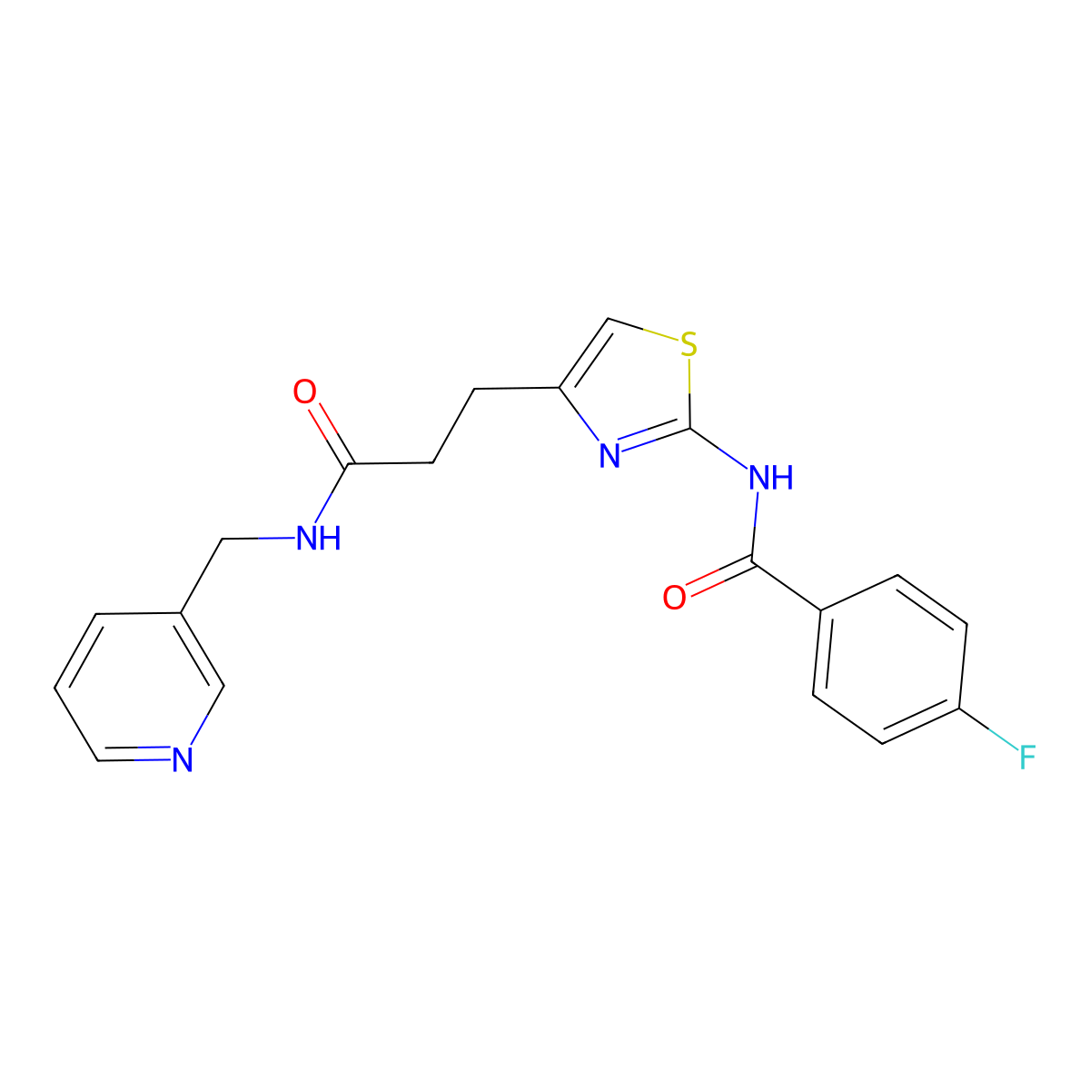 4-fluoro-N-(4-(3-oxo-3-((pyridin-3-ylmethyl)amino)propyl)thiazol-2-yl)benzamide molecular structure, CAS 1021218-63-2