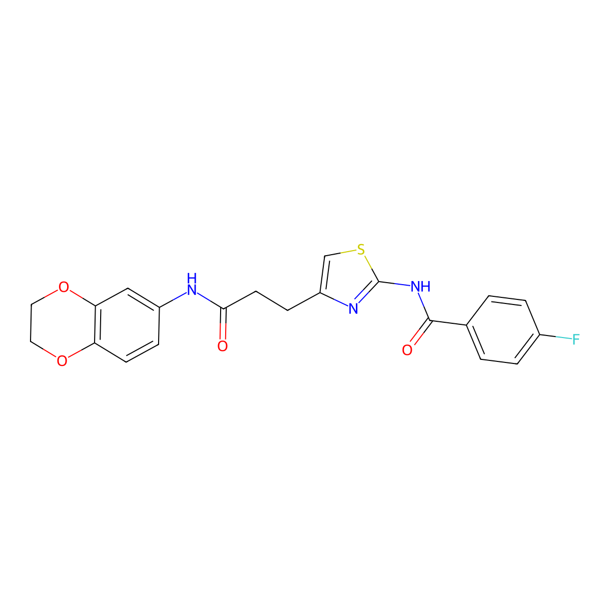 N-(4-(3-((2,3-dihydrobenzo[b][1,4]dioxin-6-yl)amino)-3-oxopropyl)thiazol-2-yl)-4-fluorobenzamide molecular structure, CAS 1021218-71-2