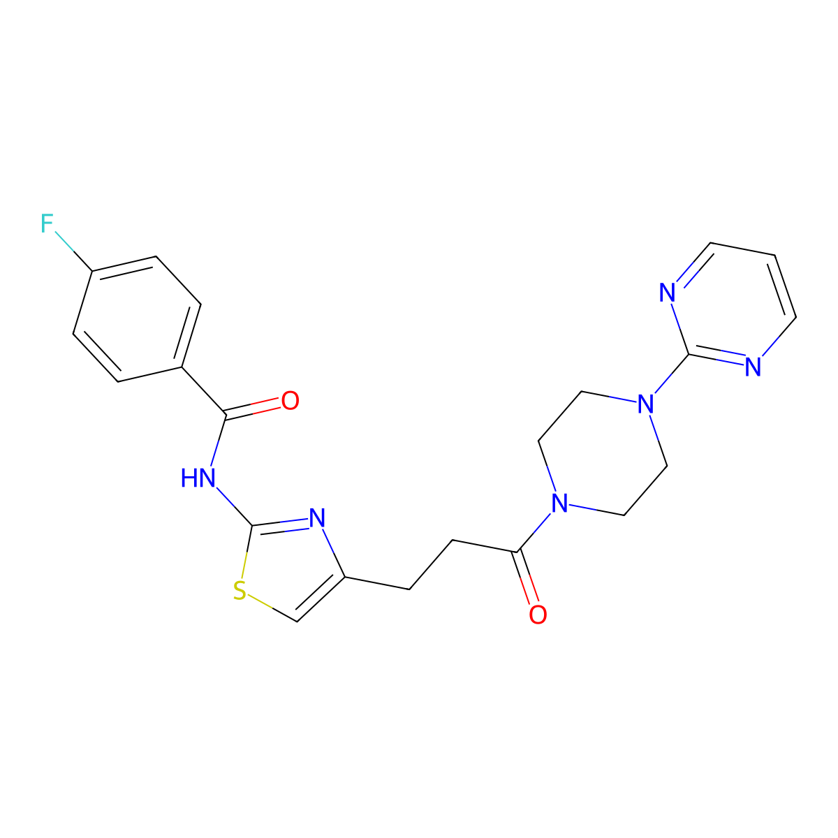 4-fluoro-N-(4-(3-oxo-3-(4-(pyrimidin-2-yl)piperazin-1-yl)propyl)thiazol-2-yl)benzamide molecular structure, CAS 1021218-77-8