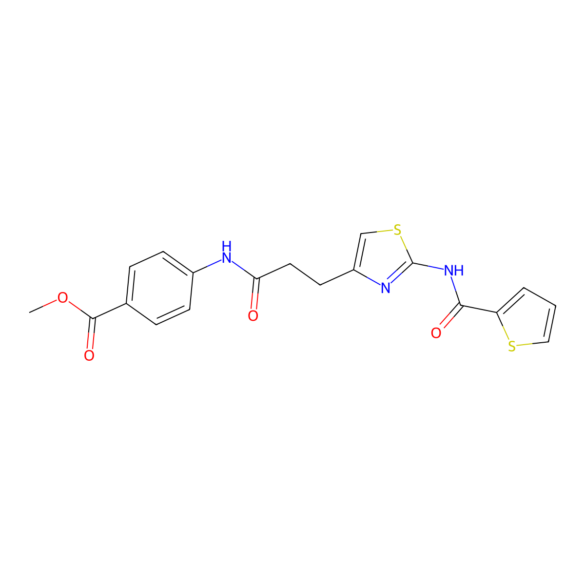 Methyl 4-(3-(2-(thiophene-2-carboxamido)thiazol-4-yl)propanamido)benzoate molecular structure, CAS 1021219-01-1