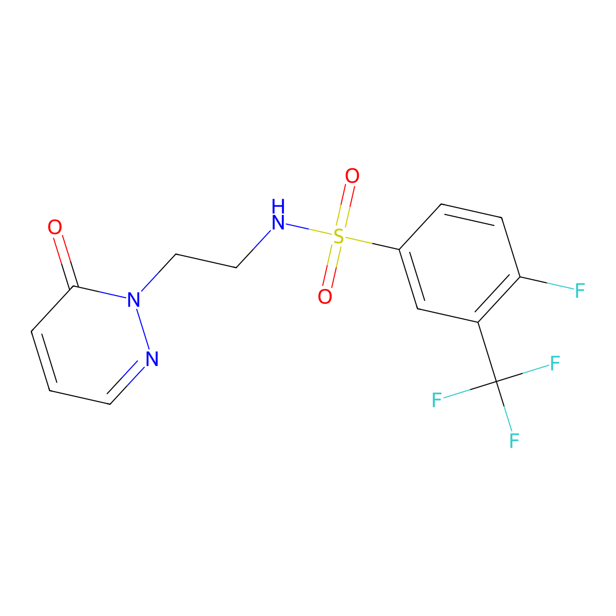 4-fluoro-N-(2-(6-oxopyridazin-1(6H)-yl)ethyl)-3-(trifluoromethyl)benzenesulfonamide molecular structure, CAS 1021219-26-0