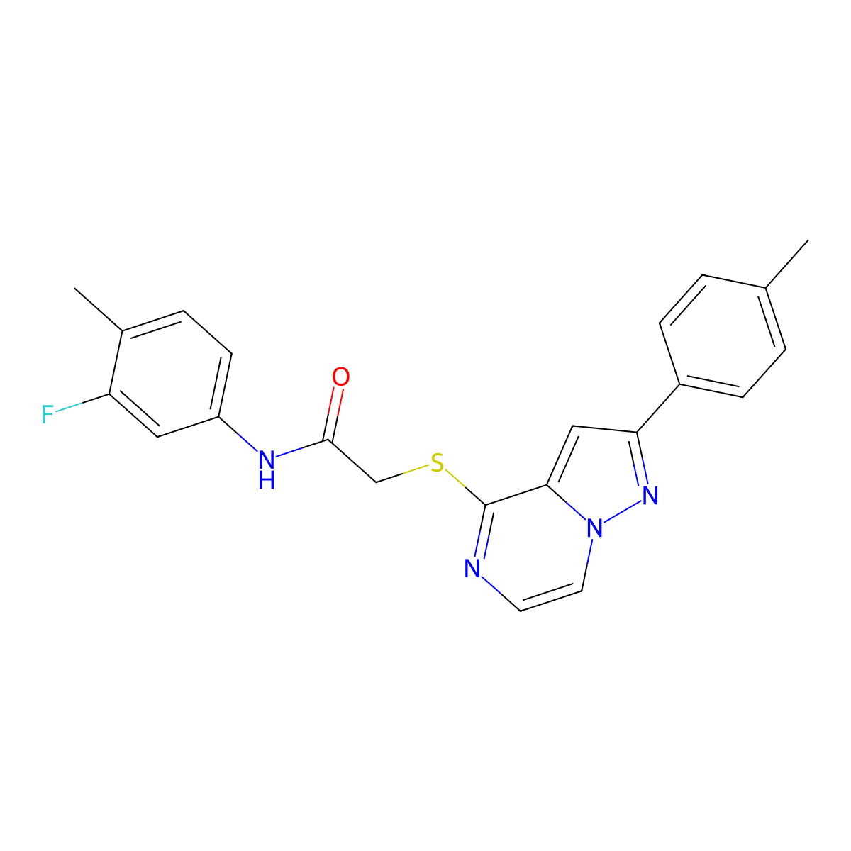 N-(3-fluoro-4-methylphenyl)-2-{[2-(4-methylphenyl)pyrazolo[1,5-a]pyrazin-4-yl]thio}acetamide molecular structure, CAS 1021219-72-6