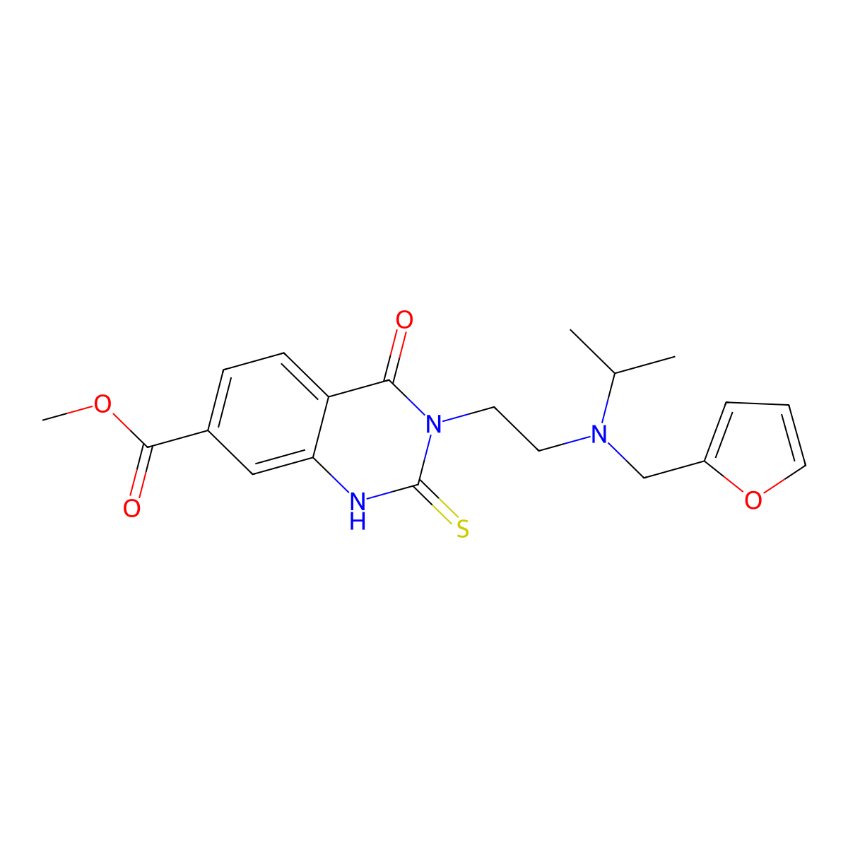 Methyl 3-(2-{[(furan-2-yl)methyl](propan-2-yl)amino}ethyl)-4-oxo-2-sulfanylidene-1,2,3,4-tetrahydroquinazoline-7-carboxylate molecular structure, CAS 1021219-85-1